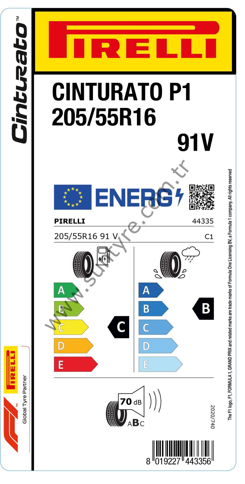 Pirelli 205/55R16 91V Cınturato P1 C-B-70 Yaz Oto Lastiği (Üretim Yılı: 2024)