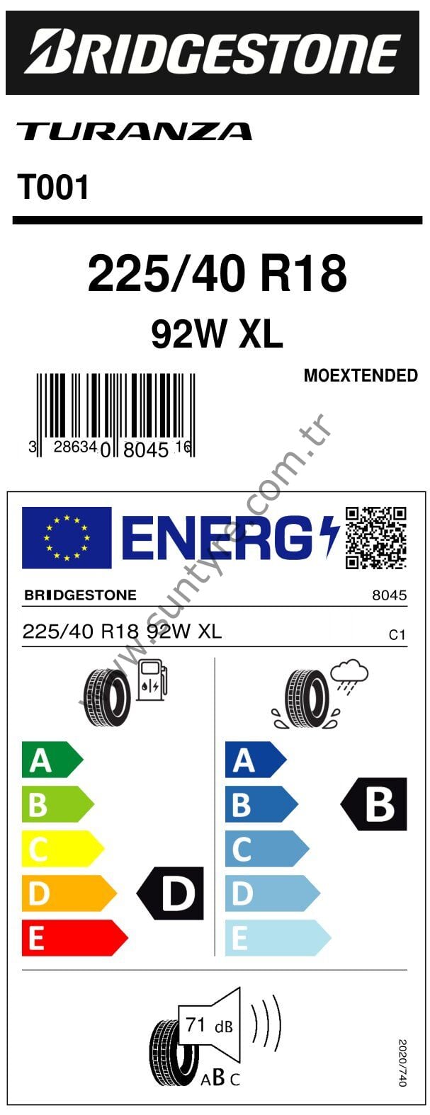 Bridgestone 225/40R18 92W Xl Ext Rft T001 Mo D-B-71 Lastiği (Üretim Yılı: 2023)