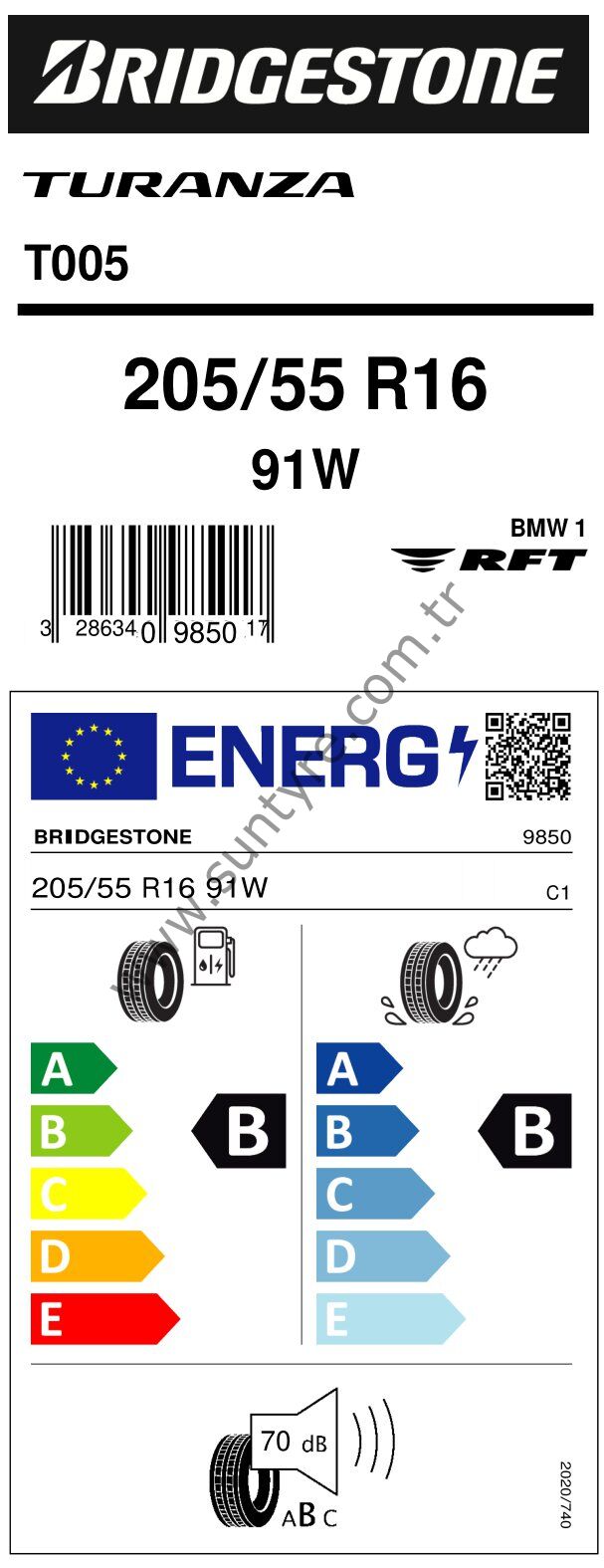 Bridgestone 205/55R16 91W Rft T005 * B-B-70 Yaz Oto Lastiği (Üretim Yılı: 2024)