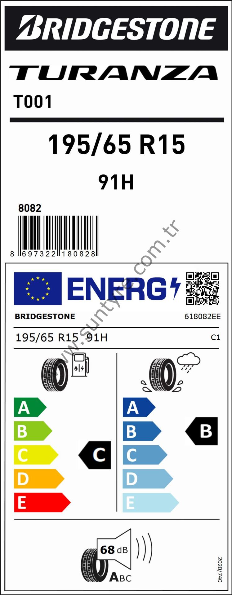 Bridgestone 195/65R15 91H T001 C-B-68 Yaz Oto Lastiği (Üretim Yılı: 2024)