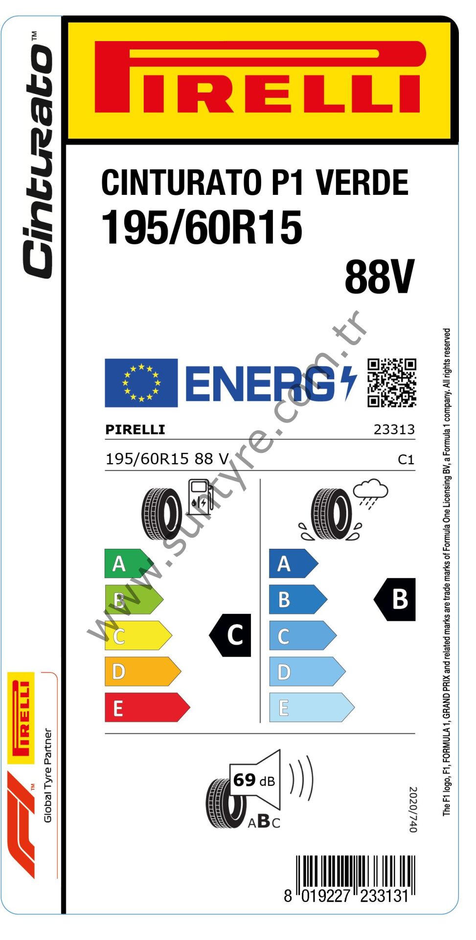 Pirelli 195/60R15 88V Cınturato P1 Verde C-B-69 Oto Lastiği Lastiği (Üretim Yılı: 2023)