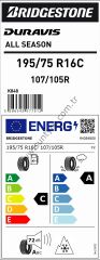 Bridgestone 195/75R16 C 107/105R Duravis A/S C-A-72  M+S 4 Mevsim Hafif Ticari Lastiği (Üretim Yılı: 2024)