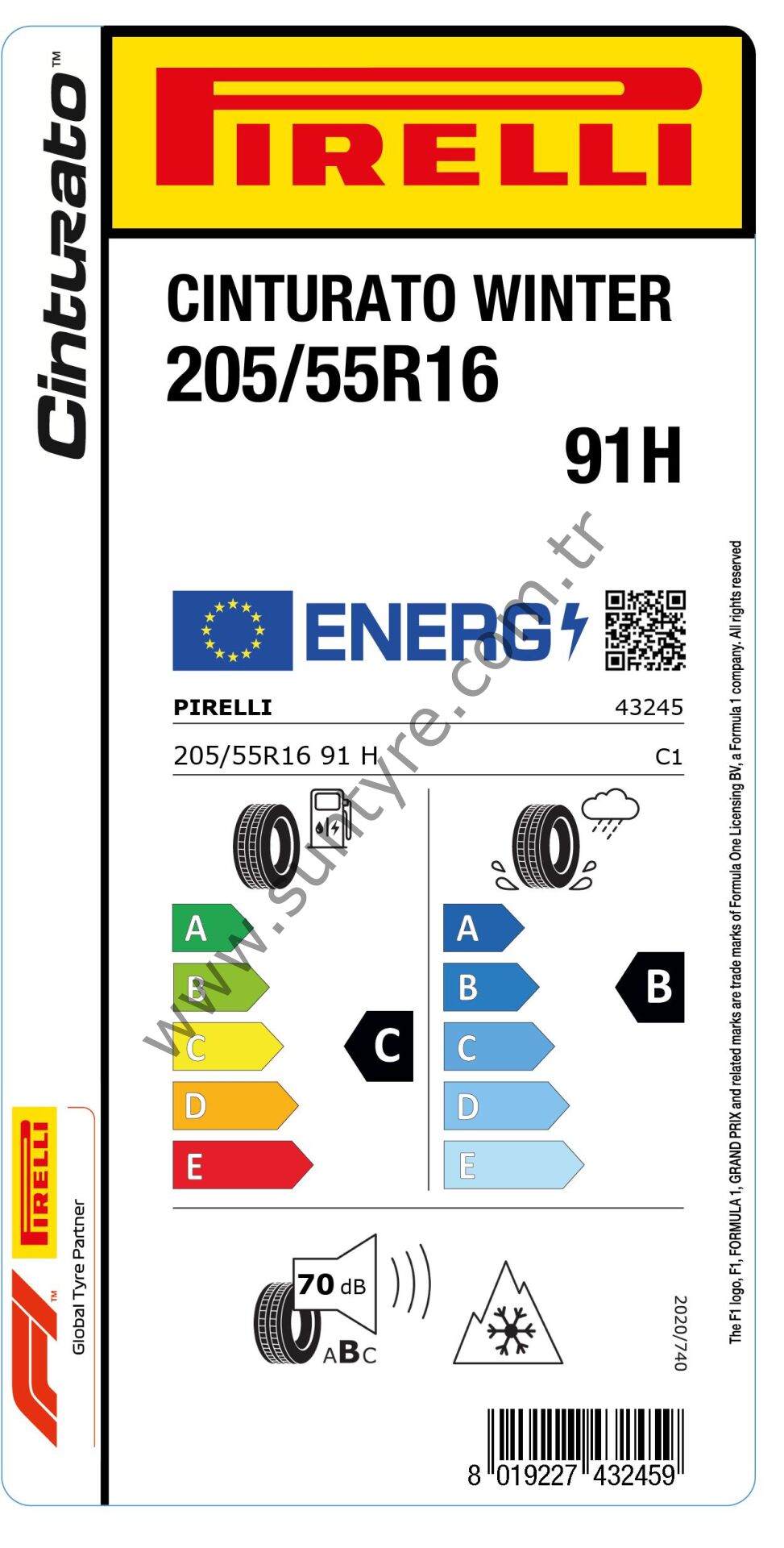 Pirelli 205/55R16 91H WtcintPC01 Cınturato Winter C-B-70 Kış Oto Lastiği (Üretim Yılı: 2024)