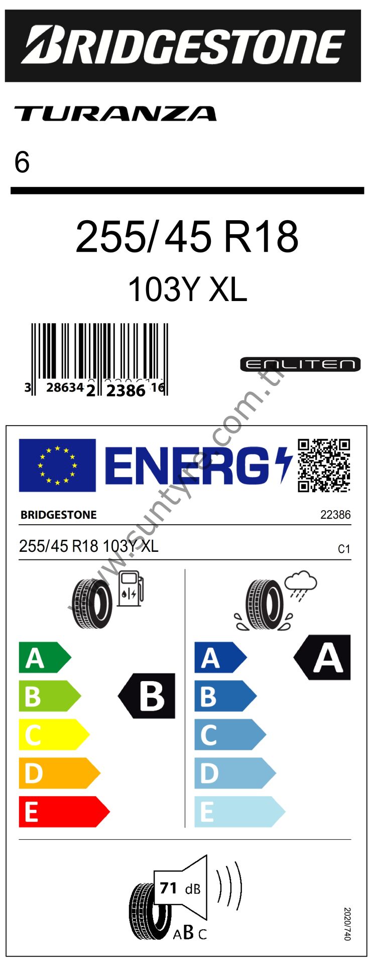 Bridgestone 255/45R18 103Y Xl Turanza 6 B-A-71 Enlıten Yaz Oto Lastiği (Üretim Yılı: 2024)