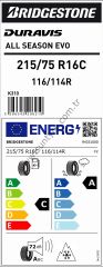 Bridgestone 215/75R16 C 116/114R Duravıs A/S M+S C-A-72 4 Mevsim Hafif Ticari Lastiği (Üretim Yılı: 2025)
