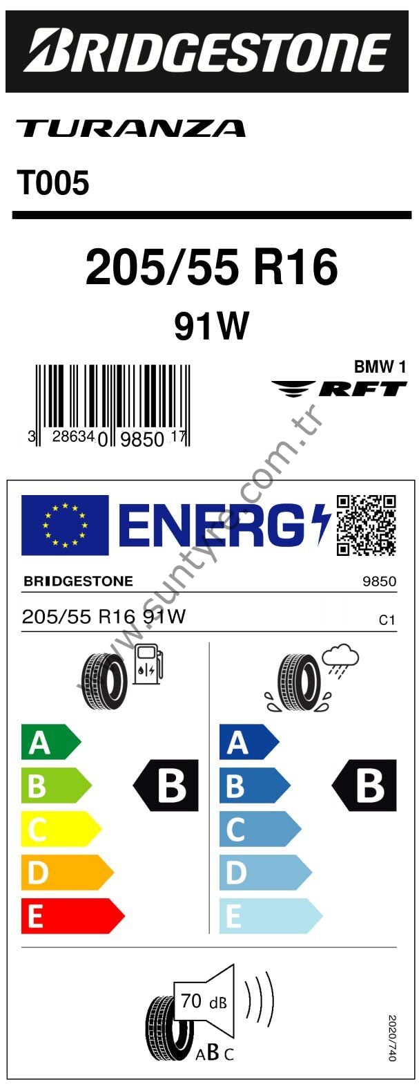 Bridgestone 205/55R16 91W Rft T005 * B-B-70  Yaz Oto Lastiği (Üretim Yılı: 2024)