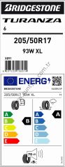 Bridgestone 205/50R17 93W Xl Turanza 6 B-A-70 Yaz Oto Lastiği (Üretim Yılı: 2025)
