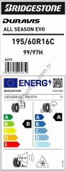 Bridgestone 195/60R16 C 99/97H Duravıs A/S Evo B-A-72 4 Mevsim Hafif Ticari Lastiği (Üretim Yılı: 2025)